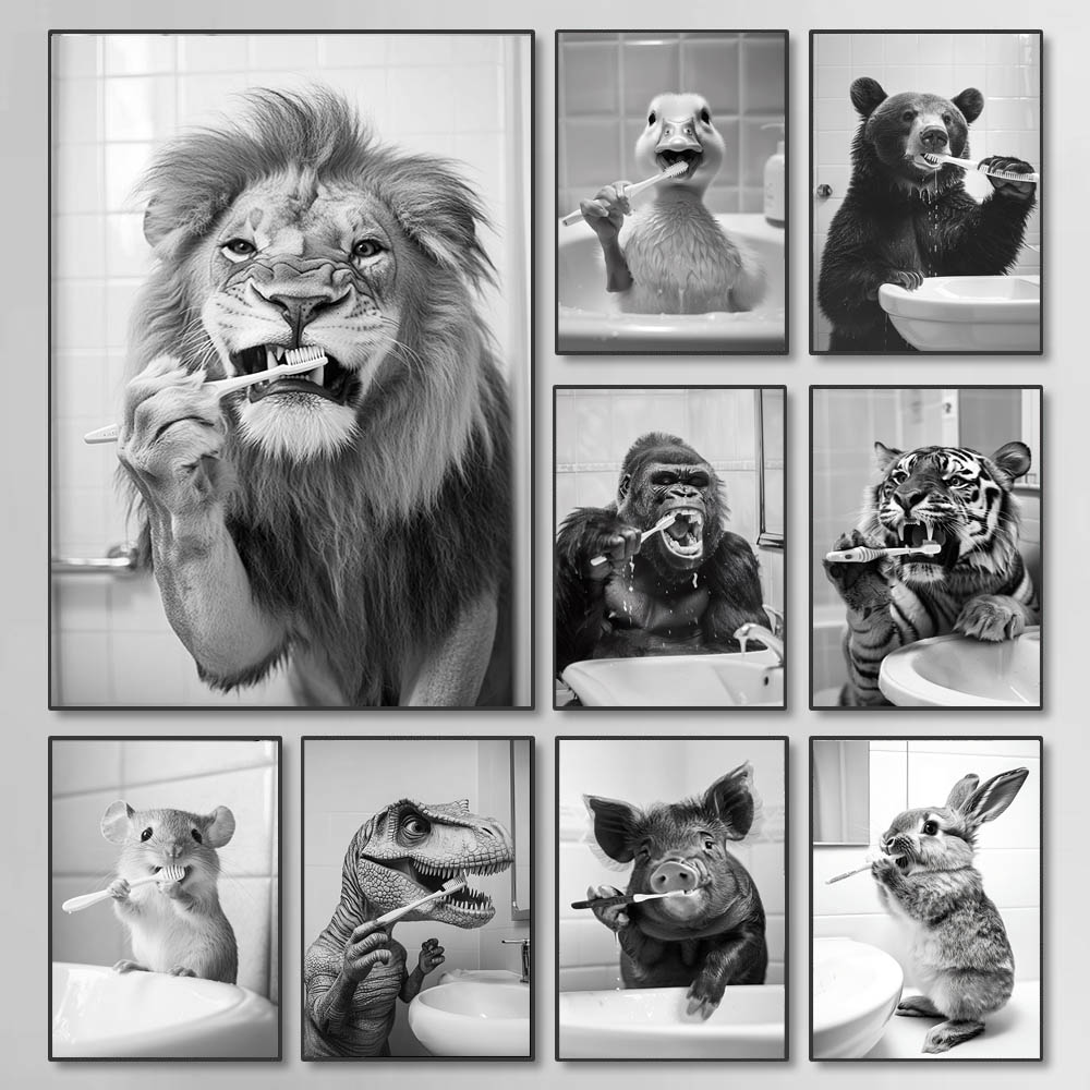 Photography Techniques - Zwart Wit Grappige Badkamer Tandenpoetsen Poster