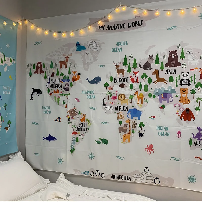Photography Mapped - Dieren Wereldkaart Wandtapijt Muur Opknoping Kids